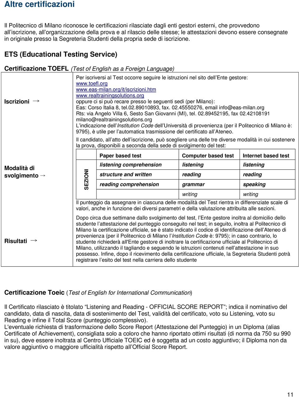 ETS (Educational Testing Service) Certificazione TOEFL (Test of English as a Foreign Language) Per iscriversi al Test occorre seguire le istruzioni nel sito dell Ente gestore: www.toefl.org www.