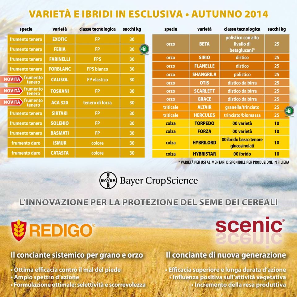 tenero SOLEHIO FP 30 frumento tenero BASMATI FP 30 frumento duro ISMUR colore 30 frumento duro CATASTA colore 30 specie varietà classe tecnologica sacchi kg orzo BETA polistico con alto livello di 25