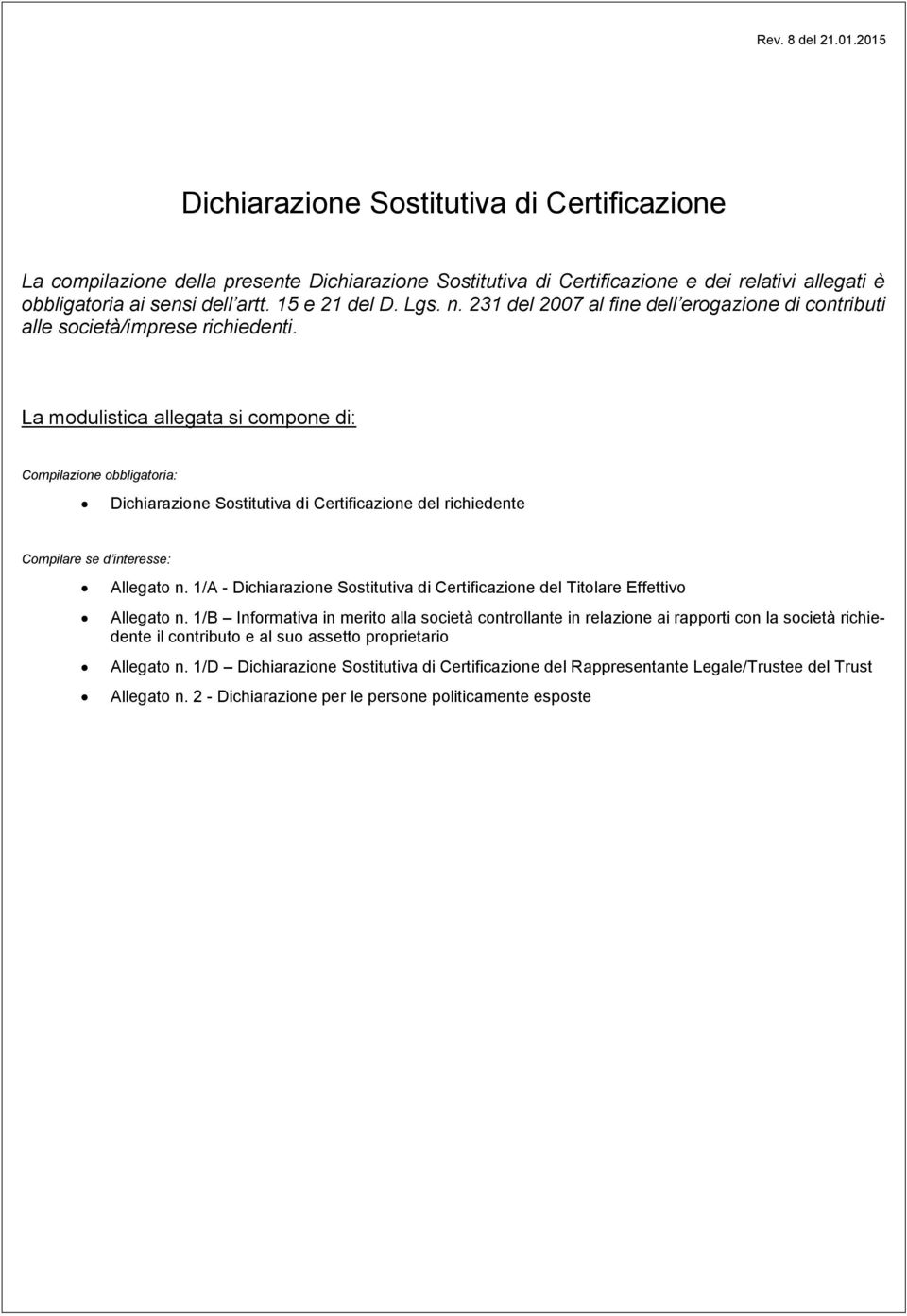 La modulistica allegata si compone di: Compilazione obbligatoria: Dichiarazione Sostitutiva di Certificazione del richiedente Compilare se d interesse: Allegato n.