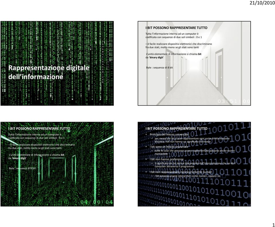 meno se gli stati sono tanti L unità elementare di informazione si chiama bit da binary digit Byte : sequenza di 8 bit I BIT POSSONO RAPPRESENTARE TUTTO Principio del mezzo universale: per mezzo dei