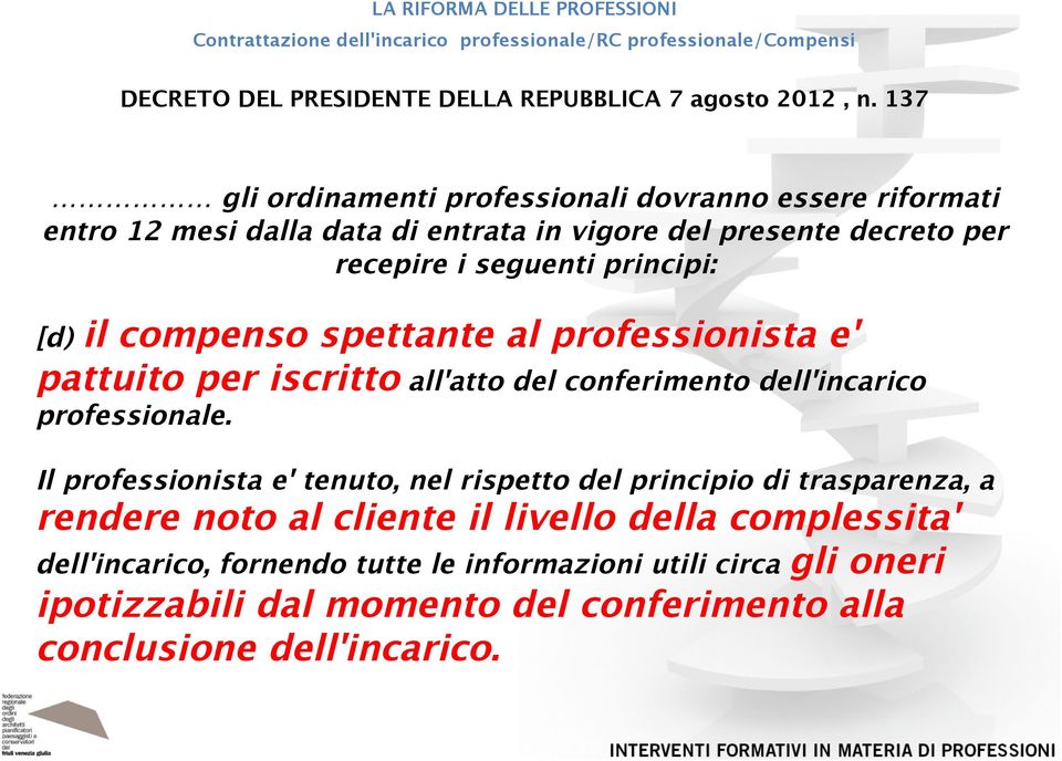 principi: [d) il compenso spettante al professionista e' pattuito per iscritto all'atto del conferimento dell'incarico professionale.