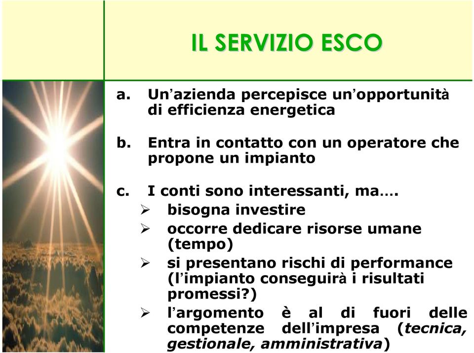 bisogna investire occorre dedicare risorse umane (tempo) si presentano rischi di performance (l