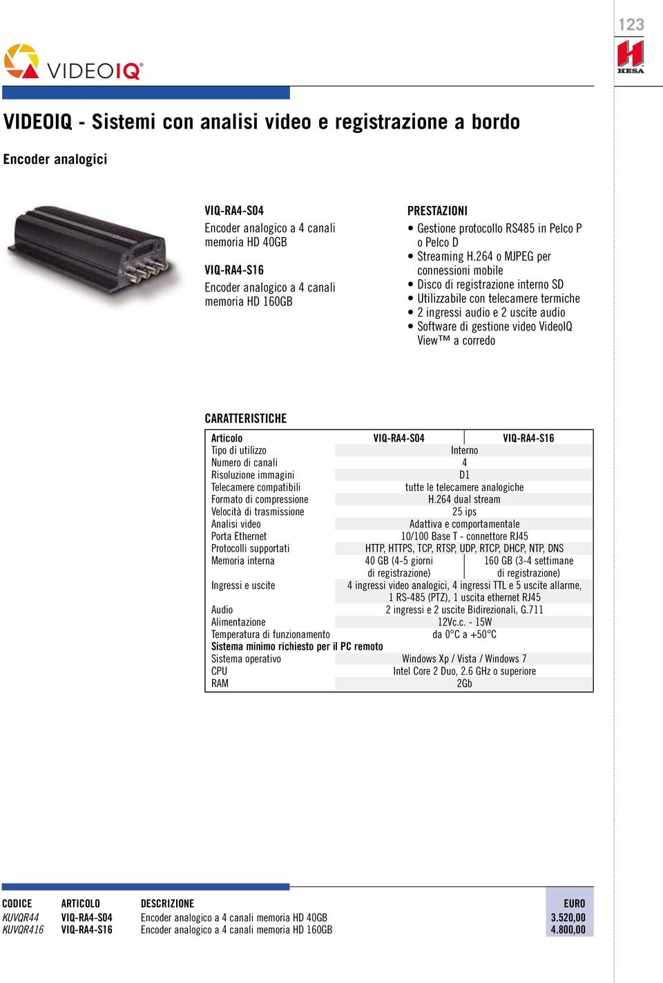 Telecamere compatibili tutte le telecamere analogiche Memoria interna 40 GB (4-5 giorni 160 GB (3-4 settimane di registrazione) di registrazione) 4 ingressi video analogici, 4 ingressi TTL e 5 uscite