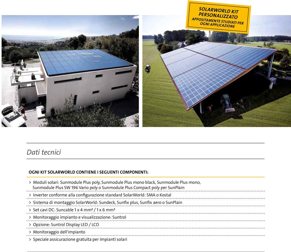 configurazione standard SolarWorld: SMA o Kostal > Sistema di montaggio SolarWorld: Sundeck, Sunfix plus, Sunfix aero o SunPlain > Set cavi DC: Suncable 1 x 4 mm² / 1