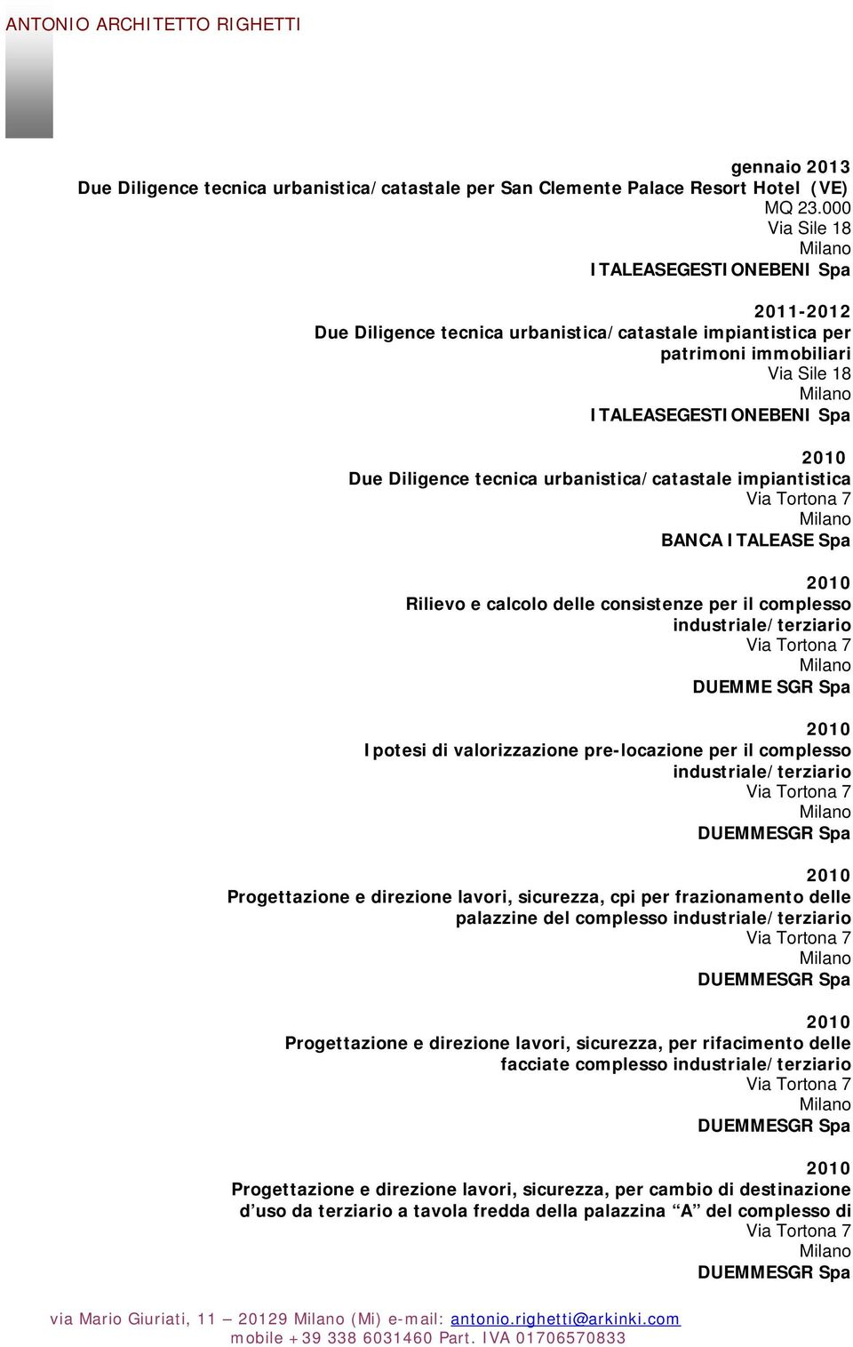 urbanistica/catastale impiantistica BANCA ITALEASE Spa Rilievo e calcolo delle consistenze per il complesso industriale/terziario DUEMME SGR Spa Ipotesi di valorizzazione pre-locazione per il