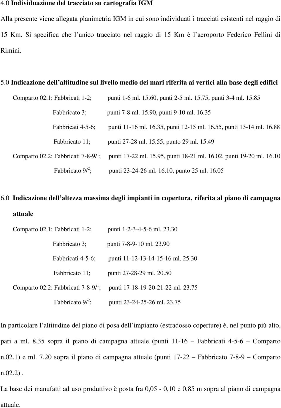 0 Indicazione dell altitudine sul livello medio dei mari riferita ai vertici alla base degli edifici Comparto 02.1: Fabbricati 1-2; punti 1-6 ml. 15.60, punti 2-5 ml. 15.75, punti 3-4 ml. 15.85 Fabbricato 3; punti 7-8 ml.