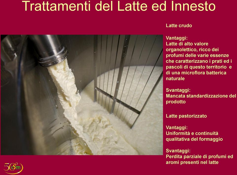 microflora batterica naturale Svantaggi: Mancata standardizzazione del prodotto Latte pastorizzato