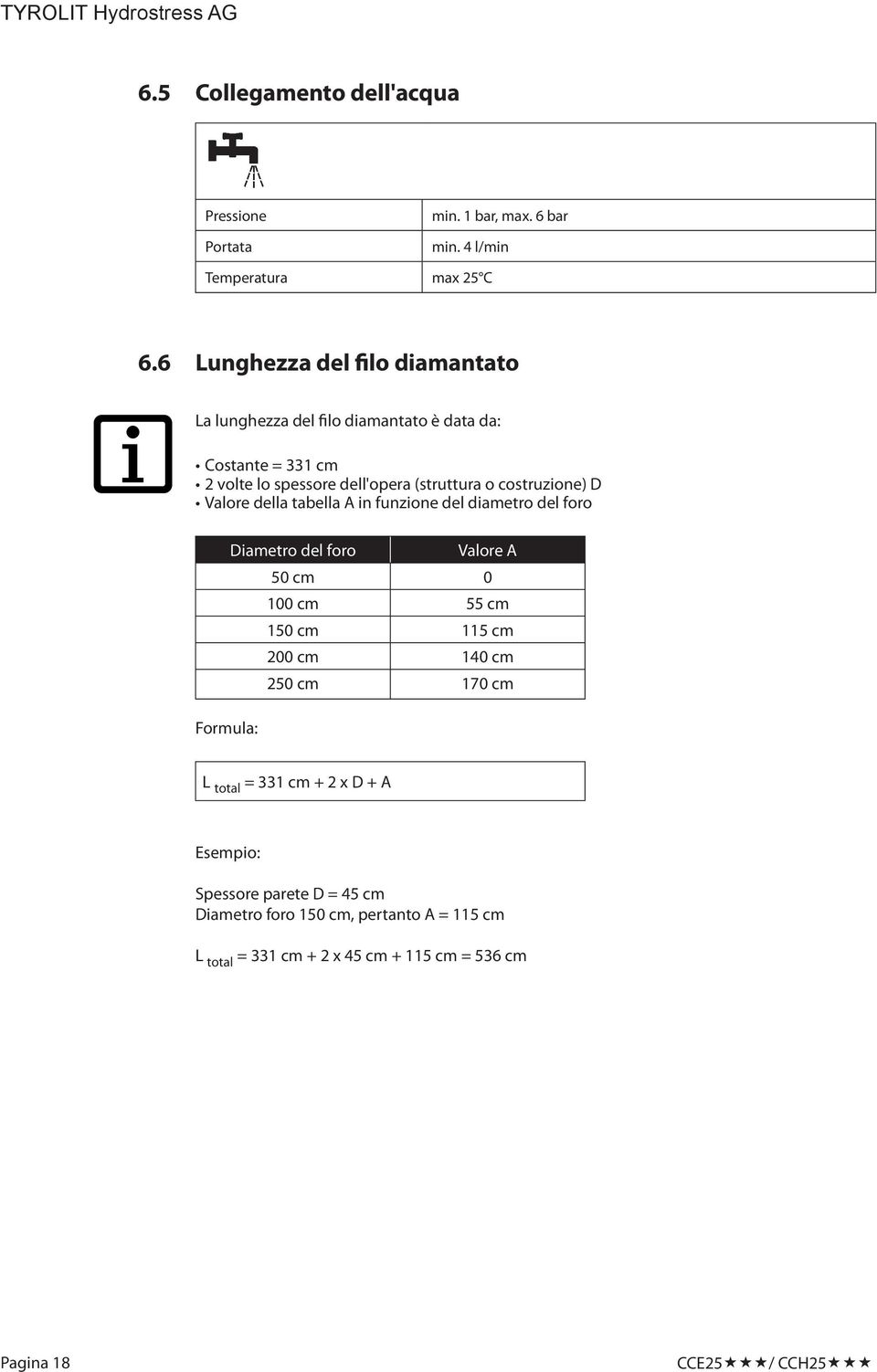 costruzione) D Valore della tabella A in funzione del diametro del foro Formula: Diametro del foro Valore A 50 cm 0 100 cm 55 cm 150 cm 115 cm