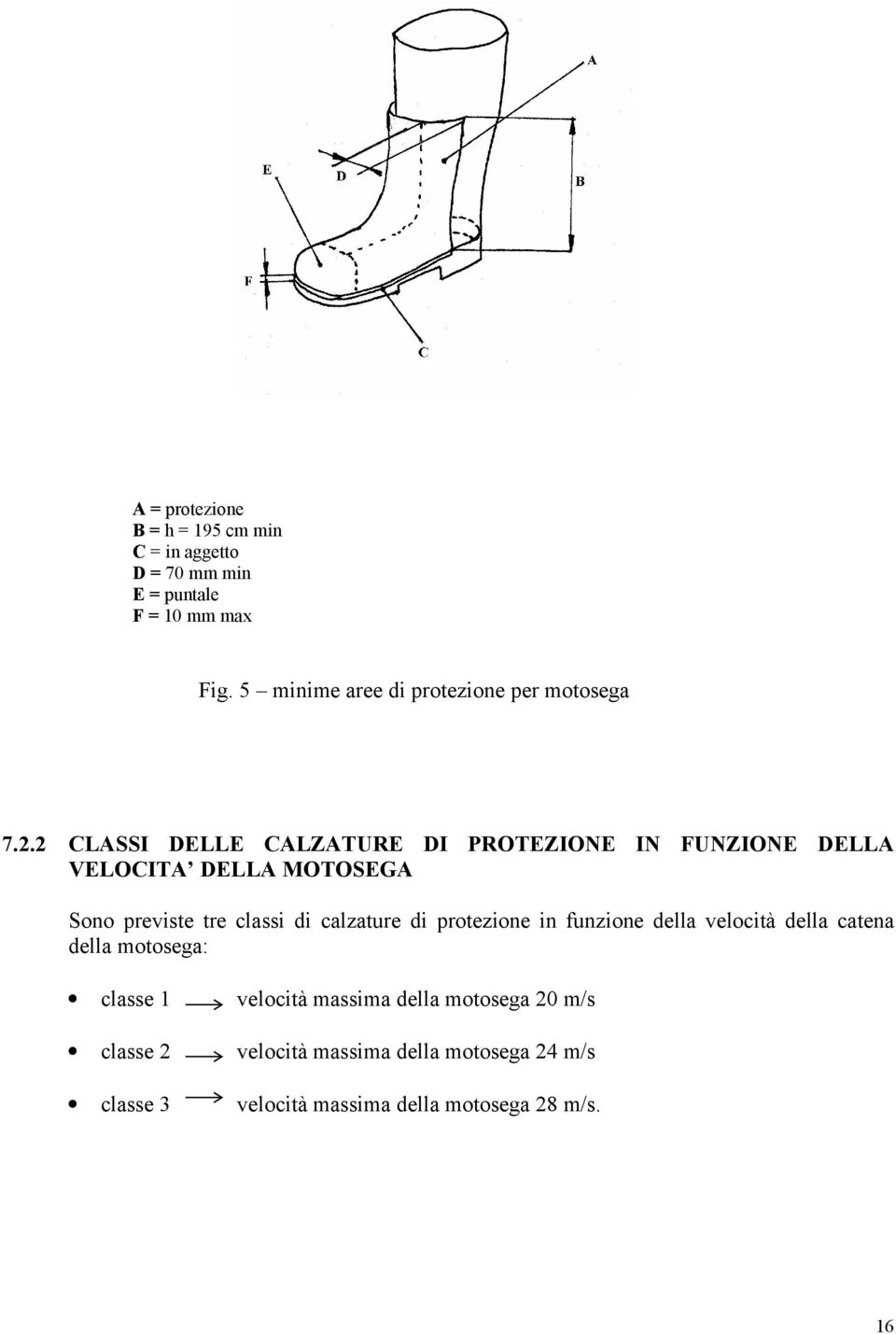 2 CLASSI DELLE CALZATURE DI PROTEZIONE IN FUNZIONE DELLA VELOCITA DELLA MOTOSEGA Sono previste tre classi di calzature