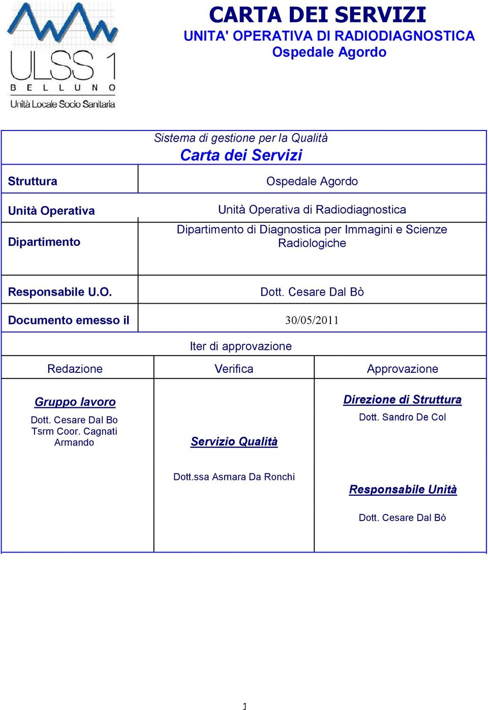 Responsabile U.O. Dott. Cesare Dal Bò Documento emesso il 30/05/2011 Iter di approvazione Redazione Verifica Approvazione Gruppo lavoro Dott.