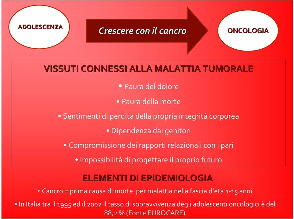 pari Impossibilità di progettare il proprio futuro ELEMENTI DI EPIDEMIOLOGIA Cancro = prima causa di morte per malattia nella