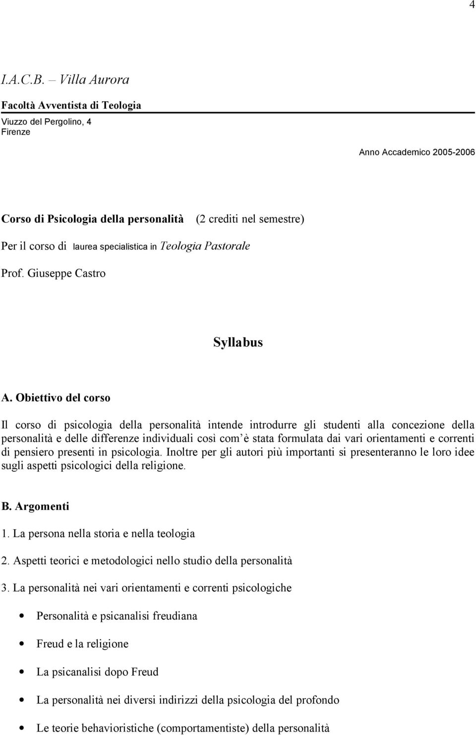 specialistica in Teologia Pastorale Prof. Giuseppe Castro Syllabus A.