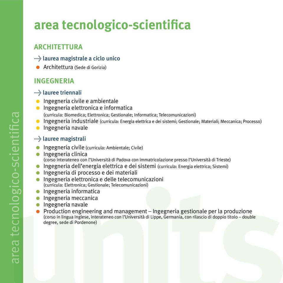 Materiali; Meccanica; Processo) Ingegneria navale > lauree magistrali Ingegneria civile (curricula: Ambientale; Civile) Ingegneria clinica (corso interateneo con l Università di Padova con