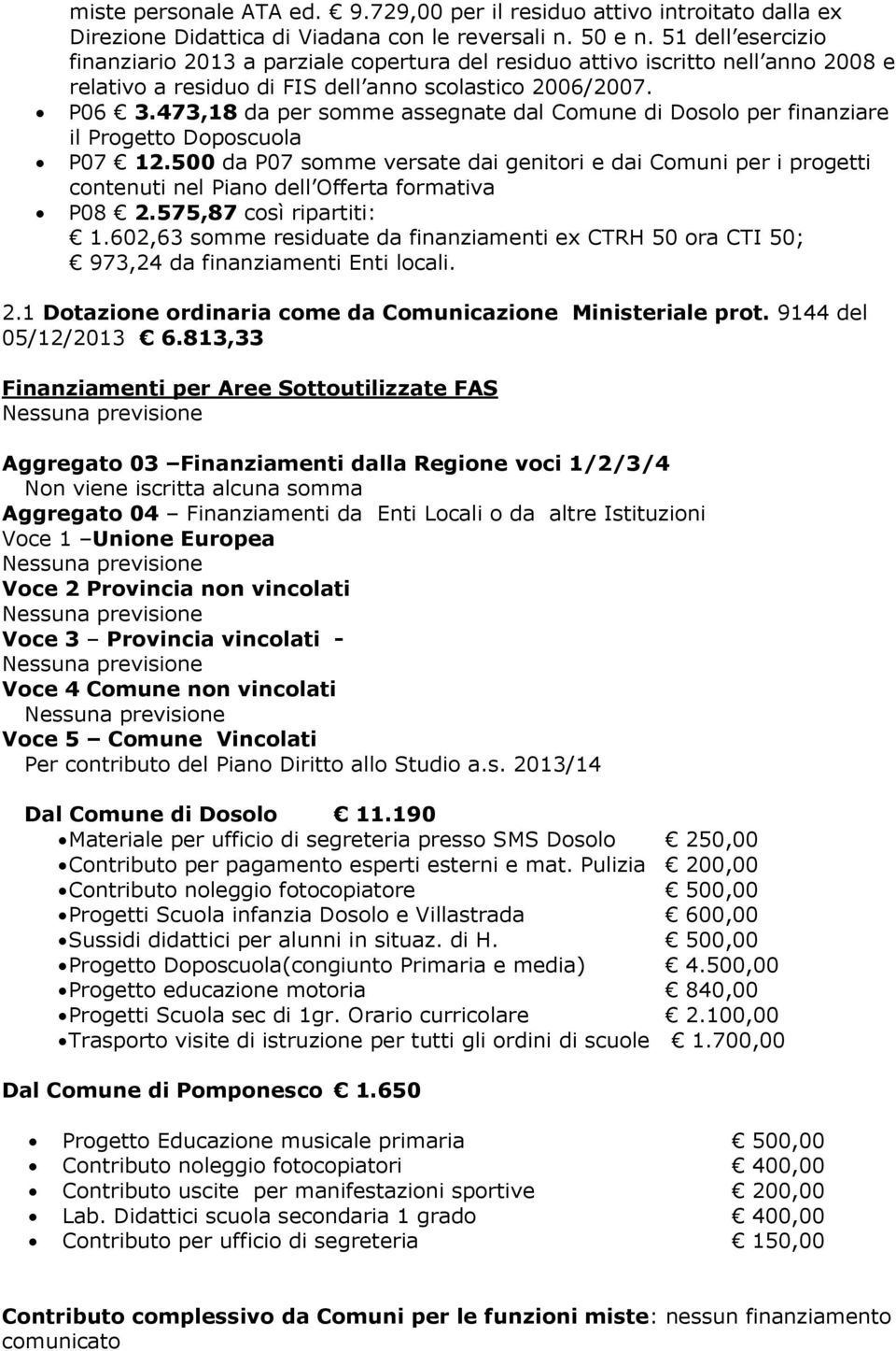 473,18 da per somme assegnate dal Comune di Dosolo per finanziare il Progetto Doposcuola P07 12.