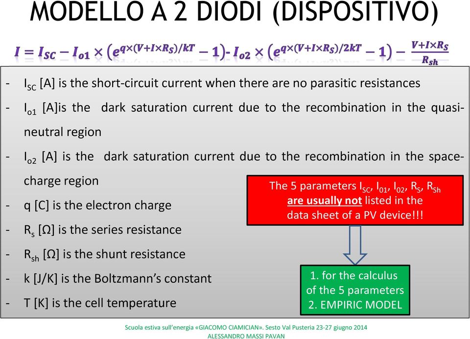 electron charge - R s [Ω] is the series resistance - R sh [Ω] is the shunt resistance - k [J/K] is the Boltzmann s constant - T [K] is the cell temperature