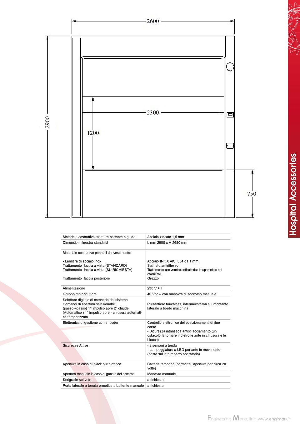 del sistema Comandi di apertura selezionabili: (passo passo) 1 impulso apre 2 chiude (Automatico ) 1 impulso apre - chiusura automatica temporizzata Elettronica di gestione con encoder Sicurezze