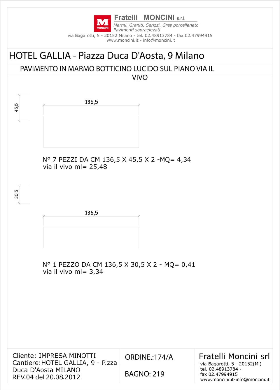 CM 136,5 X 45,5 X -MQ= 4,34 via il vivo ml= 5,48 3 136,5 N 1 PEZZO DA CM 136,5 X 3 X - MQ=