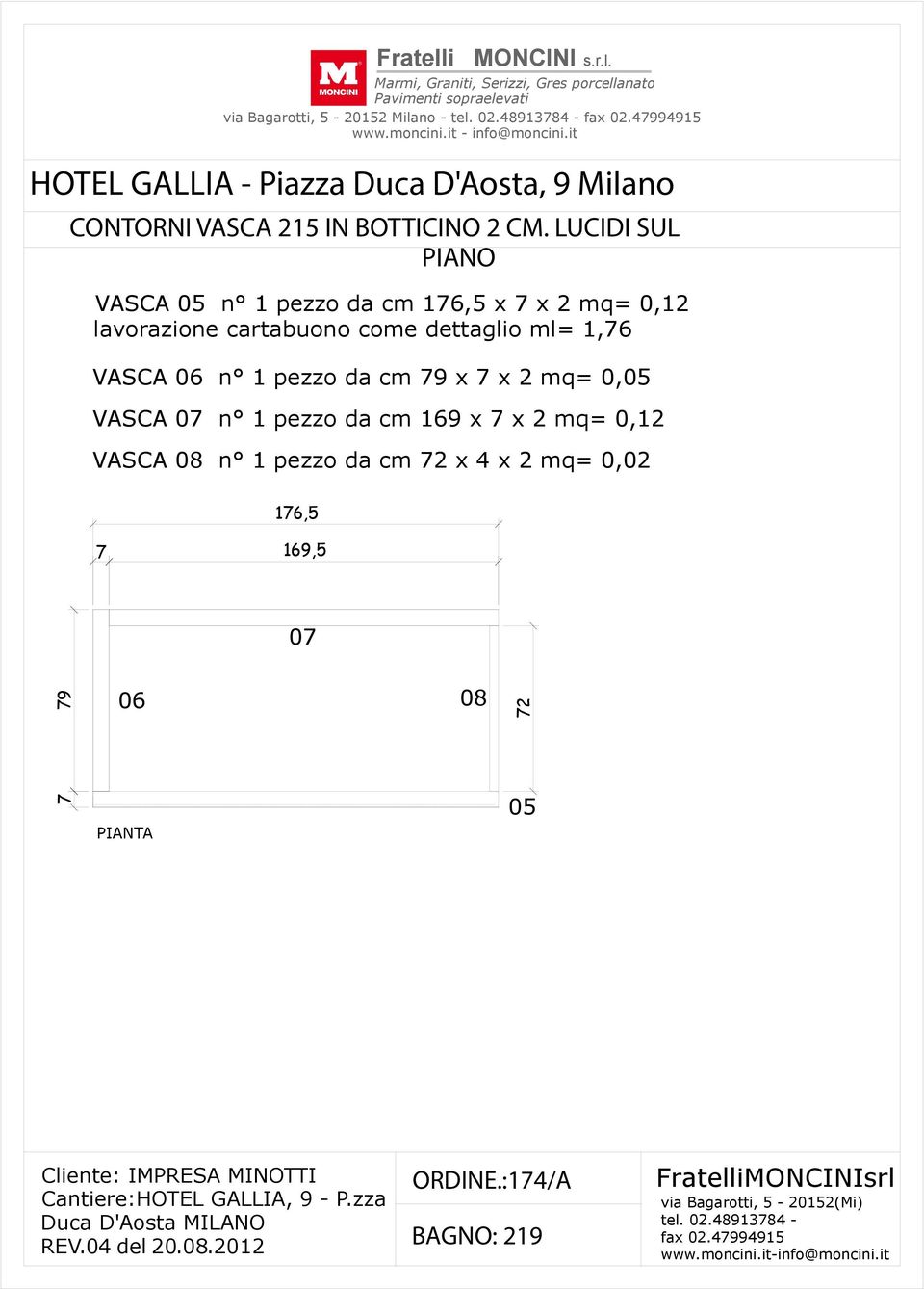 06 n 1 pezzo da cm 79 x 7 x mq= 0,05 VASCA 07 n 1 pezzo da cm 169 x 7 x mq= 0,1 VASCA 08 n 1 pezzo da cm 7 x 4 x