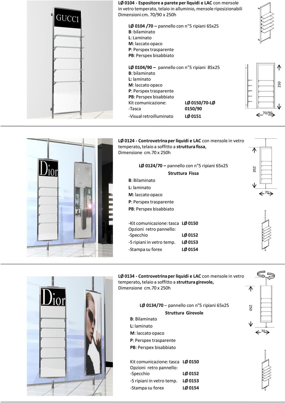 liquidi e LAC con mensole in vetro temperato, telaio a soffitto a struttura fissa, Dimensione cm.