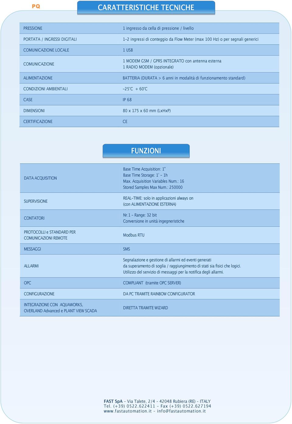 AMBIENTALI -25 C + 60 C CASE IP 68 DIMENSIONI CERTIFICAZIONE 80 x 175 x 60 mm (LxHxP) CE FUNZIONI DATA ACQUISITION SUPERVISIONE CONTATORI PROTOCOLLI e STANDARD PER MESSAGGI ALLARMI OPC CONFIGURAZIONE