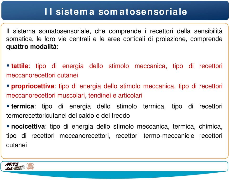 stimolo meccanica, tipo di recettori meccanorecettori muscolari, tendinei e articolari termica: tipo di energia dello stimolo termica, tipo di recettori