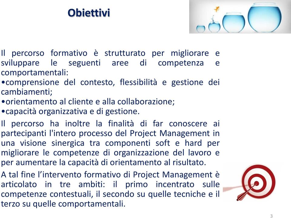 Il percorso ha inoltre la finalità di far conoscere ai partecipanti l'intero processo del Project Management in una visione sinergica tra componenti soft e hard per migliorare le competenze