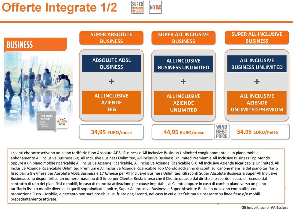 fisso Absolute ADSL Business o All Inclusive Business Unlimited congiuntamente a un piano mobile abbonamento All Inclusive Business Big, All Inclusive Business Unlimited, All Inclusive Business