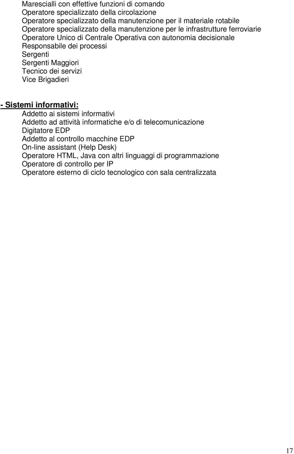 servizi Vice Brigadieri - Sistemi informativi: Addetto ai sistemi informativi Addetto ad attività informatiche e/o di telecomunicazione Digitatore EDP Addetto al controllo macchine