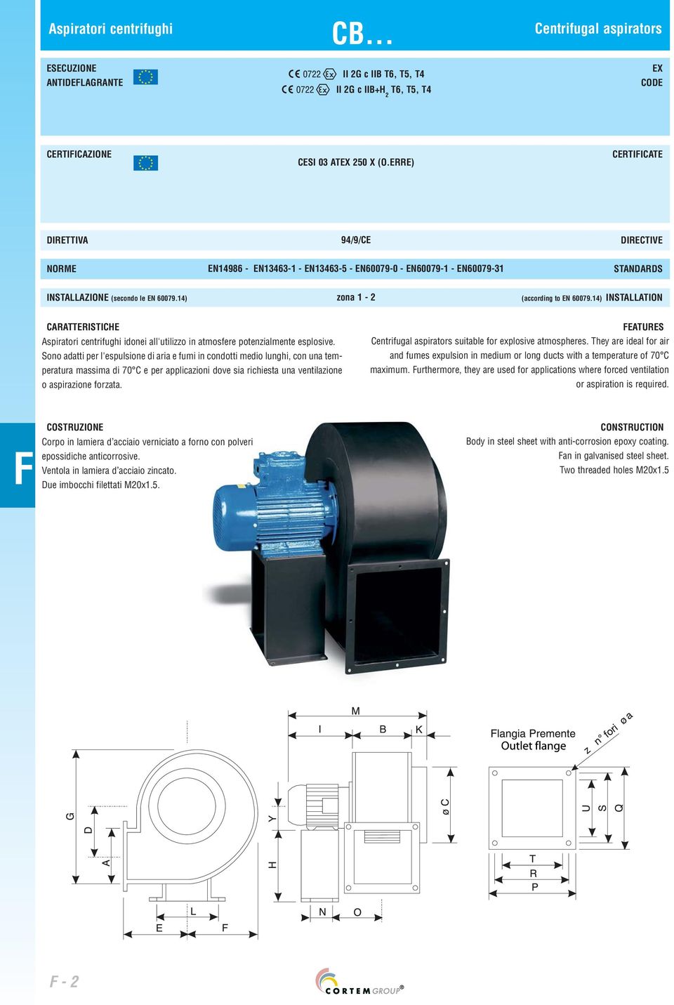 14) zona 1-2 (according to EN 60079.14) INSTALLATION CARATTERISTICHE Aspiratori centrifughi idonei all'utilizzo in atmosfere potenzialmente esplosive.