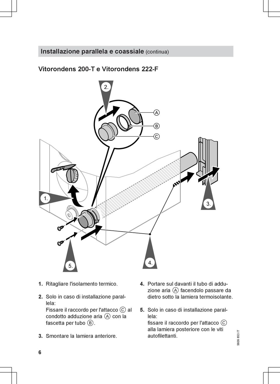 Smontare la lamiera anteriore. 4. Portare sul davanti il tubo di adduzione aria A facendolo passare da dietro sotto la lamiera termoisolante.