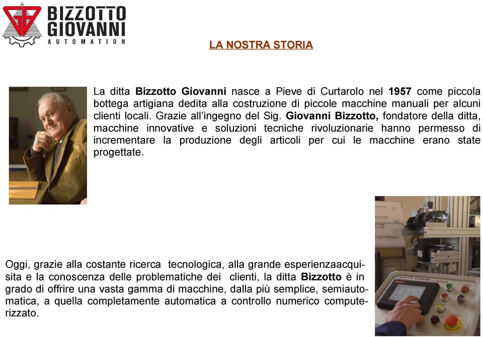 Giovanni Bizzotto, fondatore della ditta, macchine innovative e soluzioni tecniche rivoluzionarie hanno permesso di incrementare la produzione degli articoli per cui le macchine