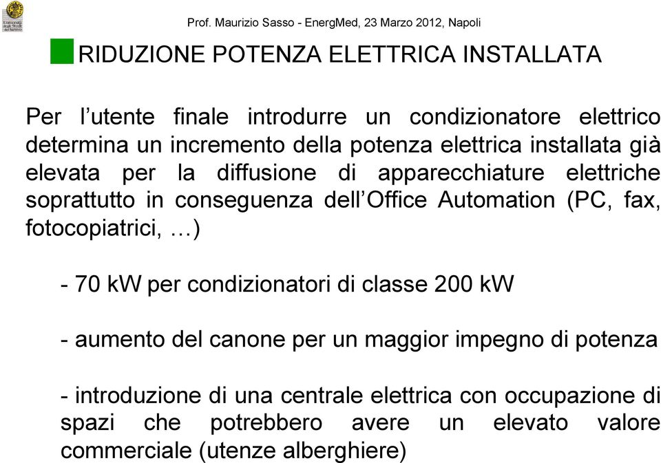 conseguenza dell Office Automation (PC, fax, fotocopiatrici, ) - 70 kw per condizionatori di classe 200 kw - aumento del canone per un maggior