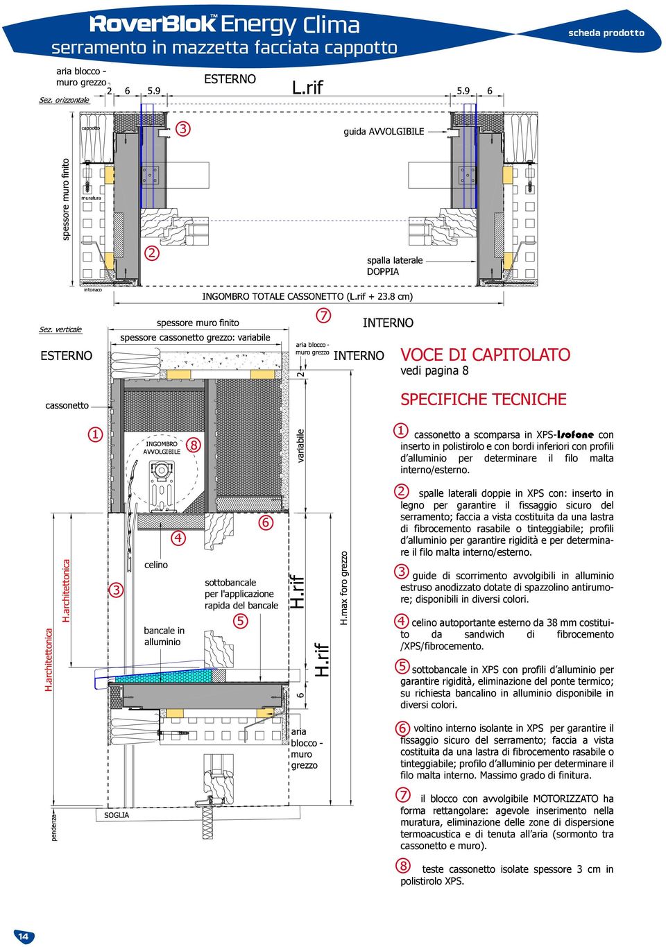 2 spalle laterali doppie in XPS con: inserto in legno per garantire il fissaggio sicuro del serramento; faccia a vista costituita da una lastra di fibrocemento rasabile o tinteggiabile; profili d