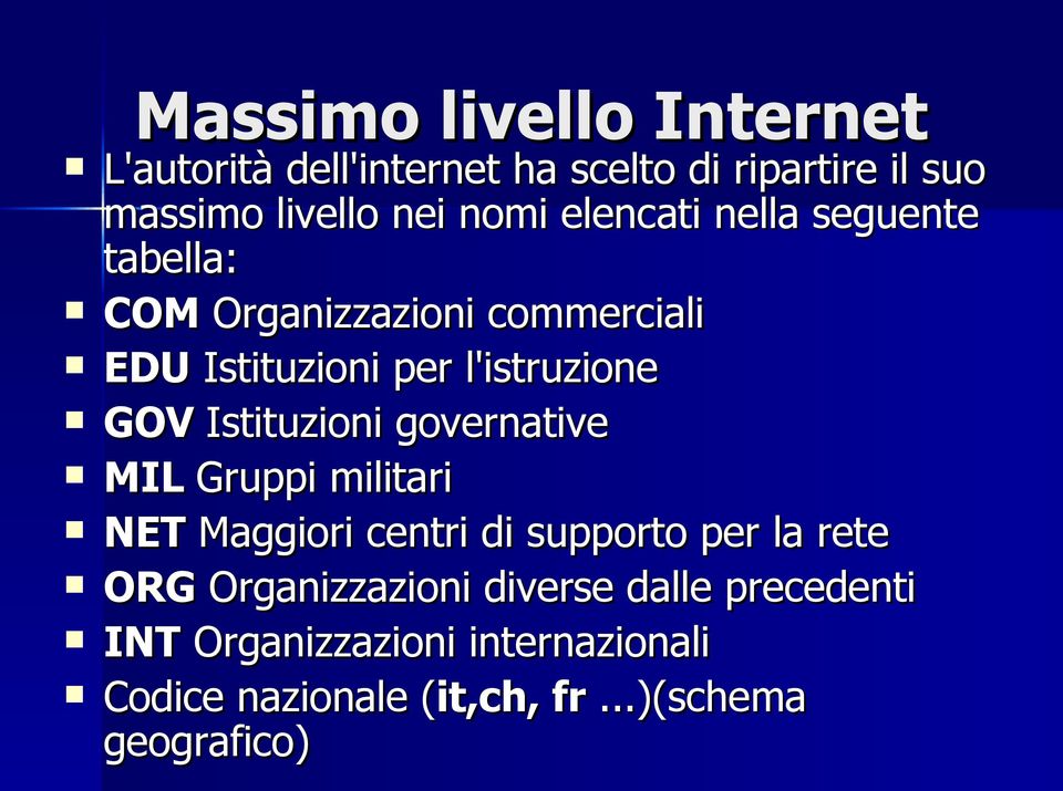 Istituzioni governative MIL Gruppi militari NET Maggiori centri di supporto per la rete ORG