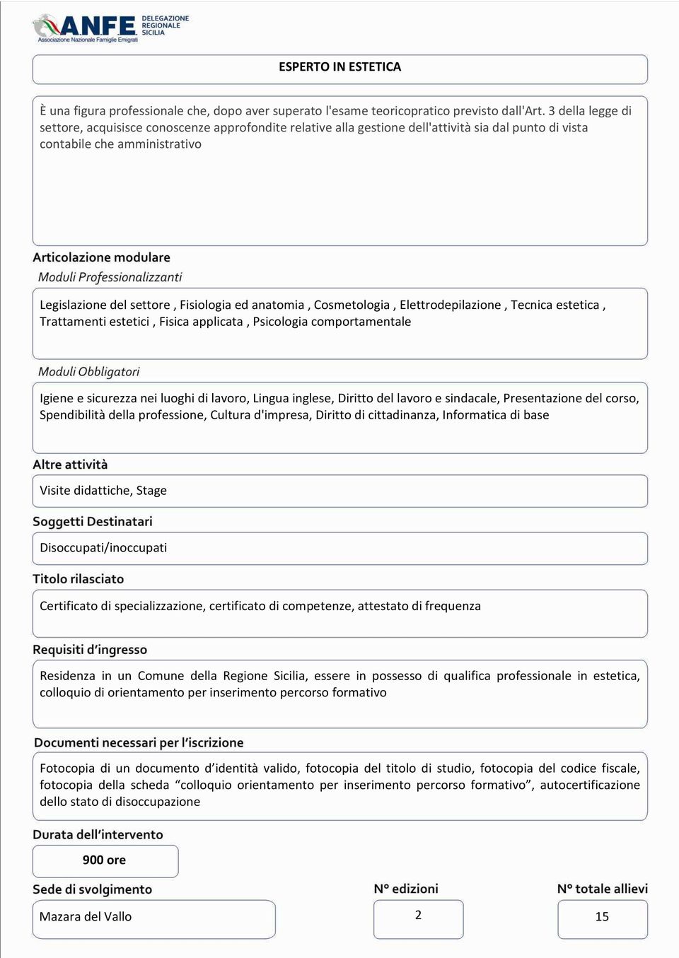 Cosmetologia, Elettrodepilazione, Tecnica estetica, Trattamenti estetici, Fisica applicata, Psicologia comportamentale Igiene e sicurezza nei luoghi di lavoro, Lingua inglese, Diritto del lavoro e