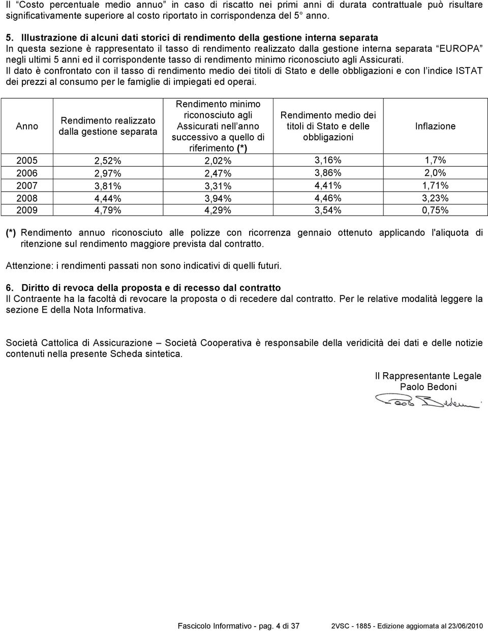 Illustrazione di alcuni dati storici di rendimento della gestione interna separata In questa sezione è rappresentato il tasso di rendimento realizzato dalla gestione interna separata EUROPA negli