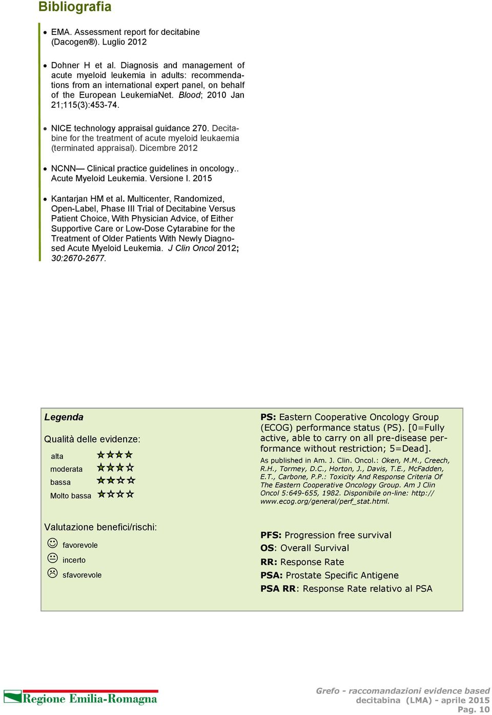 NICE technology appraisal guidance 270. Decitabine for the treatment of acute myeloid leukaemia (terminated appraisal). Dicembre 2012 NCNN Clinical practice guidelines in oncology.