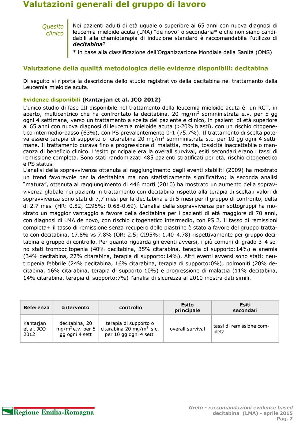 * in base alla classificazione dell Organizzazione Mondiale della Sanità (OMS) Valutazione della qualità metodologica delle evidenze disponibili: decitabina Di seguito si riporta la descrizione dello