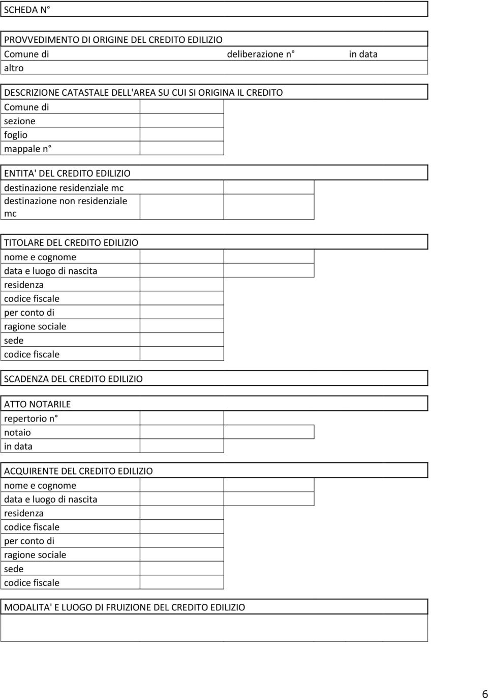 nome e cognome data e luogo di nascita residenza per conto di ragione sociale sede SCADENZA DEL CREDITO EDILIZIO ATTO NOTARILE repertorio n notaio in data