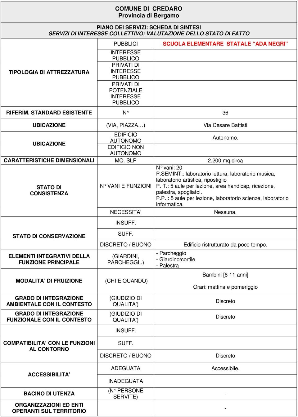 SEMINT:: laboratorio lettura, laboratorio musica, laboratorio artistica, ripostiglio P. T.: 5 aule per lezione, area handicap, ricezione, palestra, spogliatoi. P.P. : 5 aule per lezione, laboratorio scienze, laboratorio informatica.