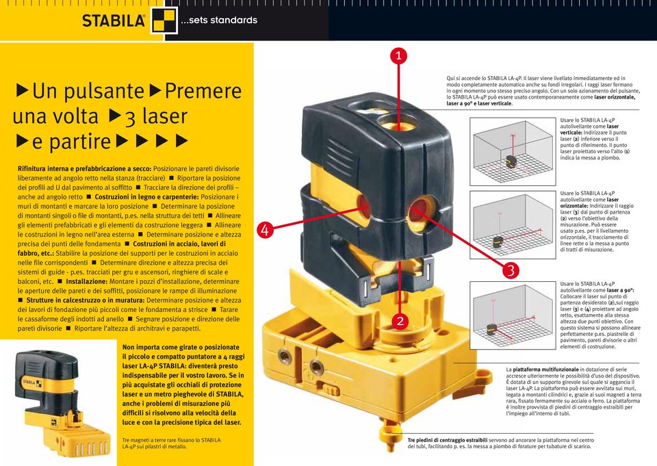 Con un solo azionamento del pulsante, lo STABILA LA-4P può essere usato contemporaneamente come laser orizzontale, laser a 90 e laser verticale.