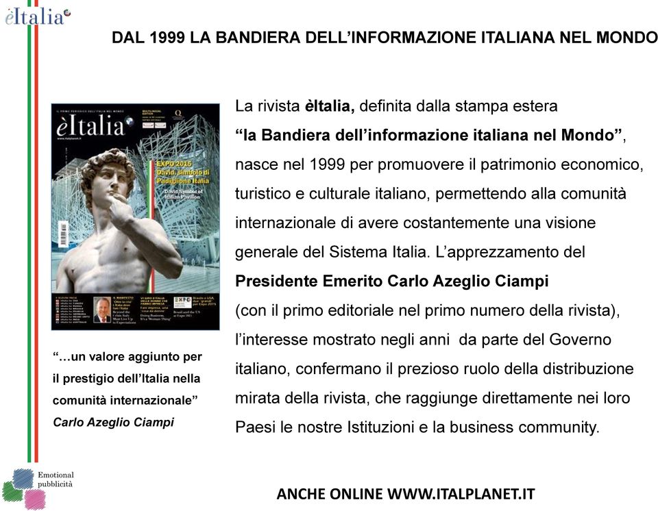 L apprezzamento del Presidente Emerito Carlo Azeglio Ciampi (con il primo editoriale nel primo numero della rivista), un valore aggiunto per il prestigio dell Italia nella comunità internazionale