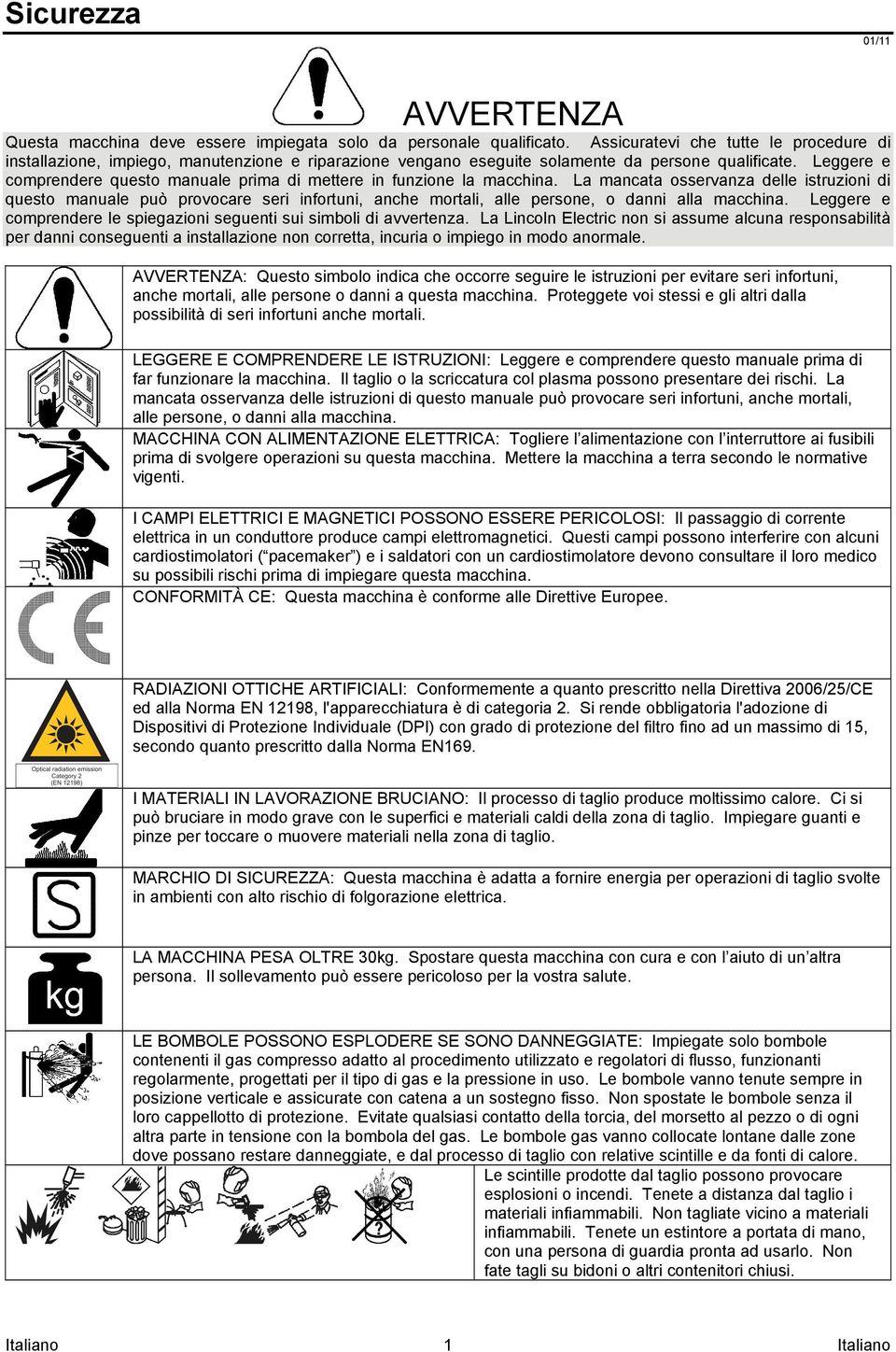 Leggere e comprendere questo manuale prima di mettere in funzione la macchina.