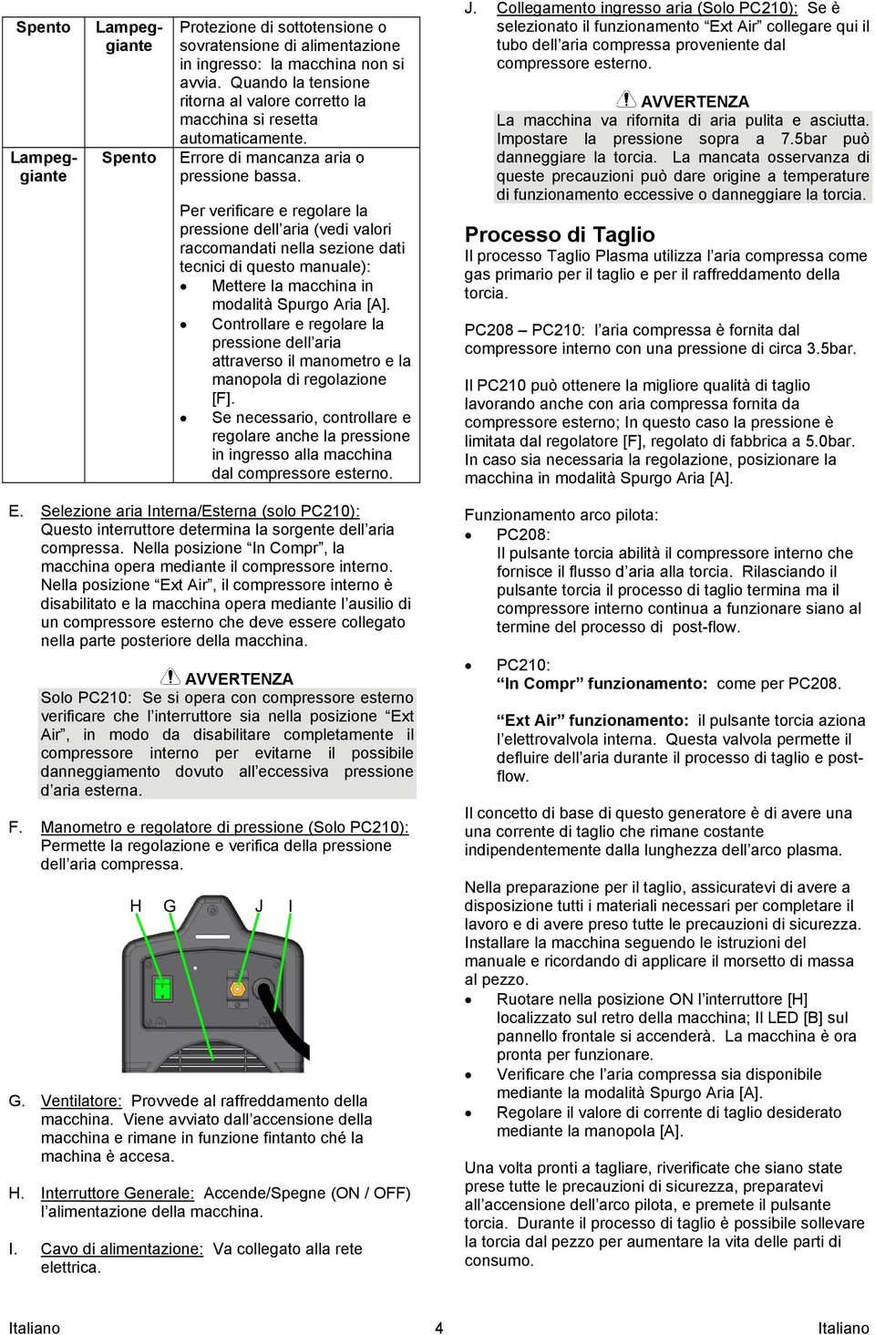 Per verificare e regolare la pressione dell aria (vedi valori raccomandati nella sezione dati tecnici di questo manuale): Mettere la macchina in modalità Spurgo Aria [A].