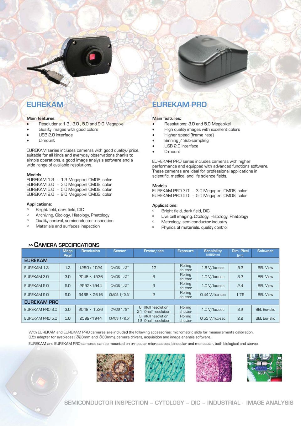 0 interface C-mount EUREKAM series includes cameras with good quality/price, suitable for all kinds and everyday observations thanks to simple operations, a good image analysis software and a wide