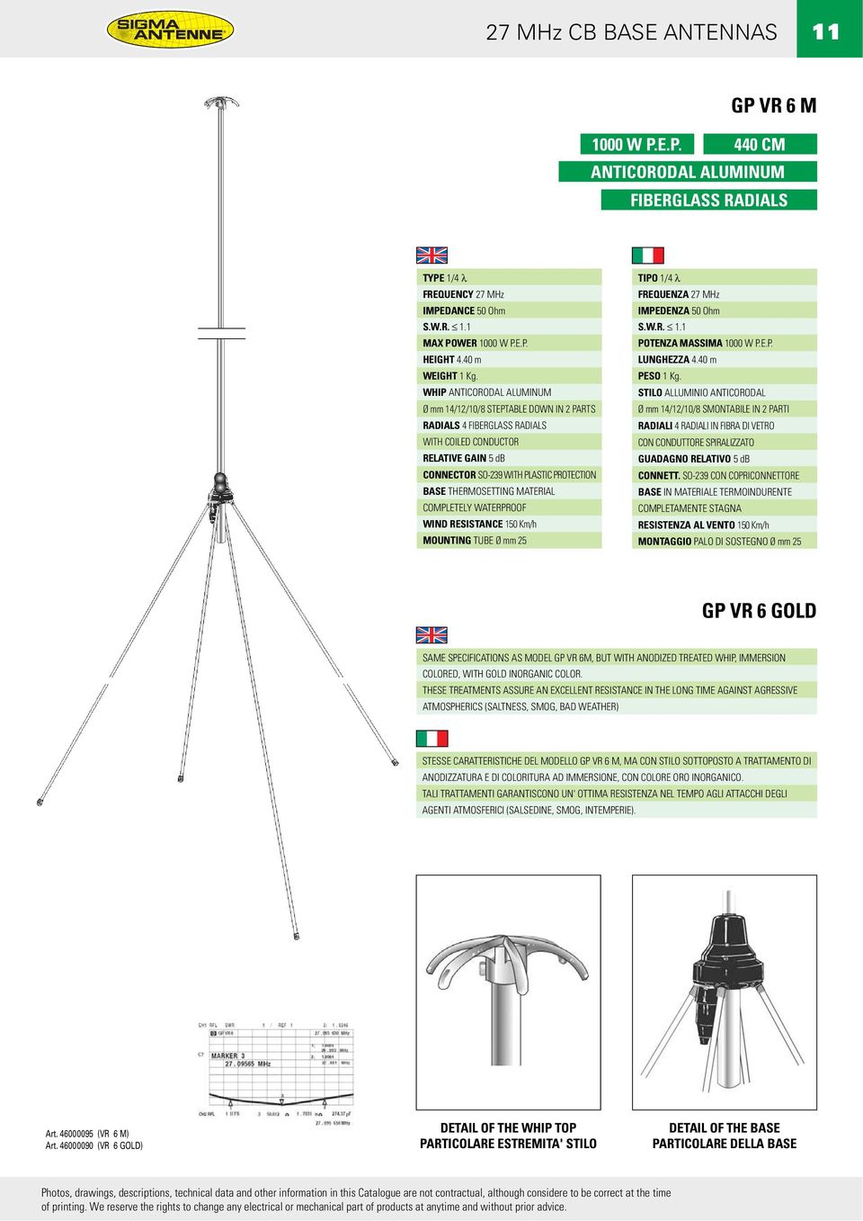 MATERIAL COMPLETELY WATERPROOF WIND RESISTANCE 150 Km/h MOUNTING TUBE Ø mm 25 TIPO 1/4 λ S.W.R. 1.1 POTENZA MASSIMA 1000 W P.E.P. LUNGHEZZA 4.40 m PESO 1 Kg.