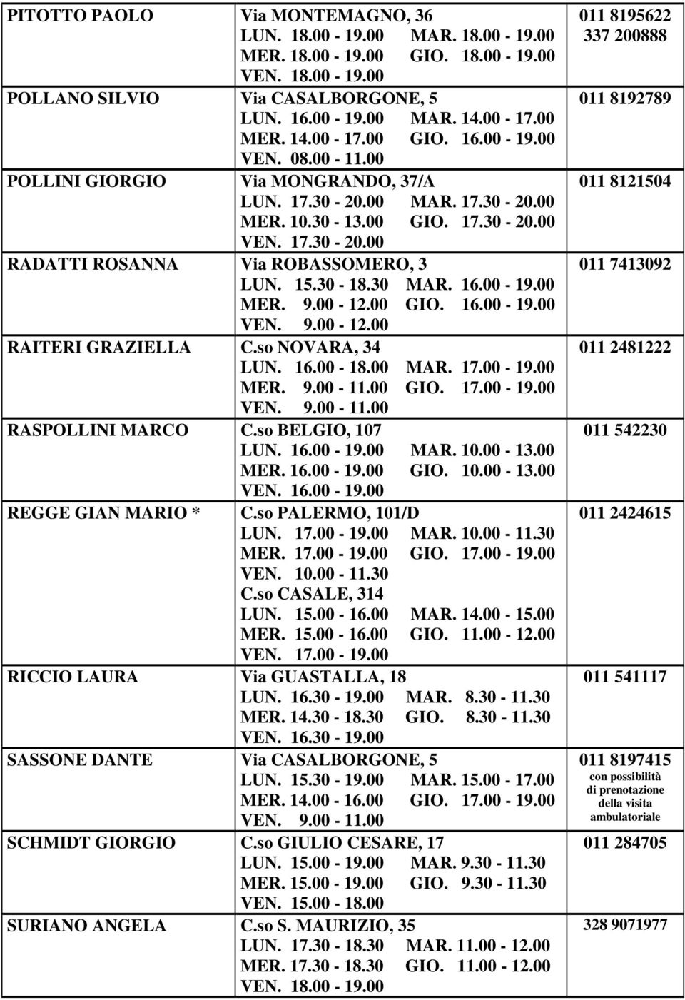 00 MER. 9.00-12.00 GIO. 16.00-19.00 RAITERI GRAZIELLA C.so NOVARA, 34 LUN. 16.00-18.00 MAR. 17.00-19.00 MER. 9.00-11.00 GIO. 17.00-19.00 VEN. 9.00-11.00 RASPOLLINI MARCO C.so BELGIO, 107 LUN. 16.00-19.00 MAR. 10.00-13.