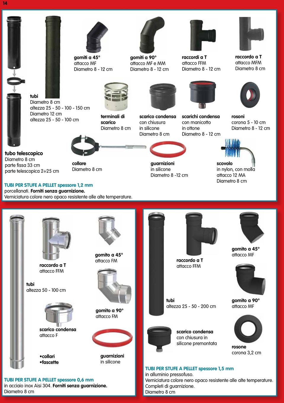 8-12 cm rosoni corona 5-10 cm Diametro 8-12 cm tubo telescopico Diametro 8 cm parte fissa 33 cm parte telescopica 2 25 cm collare Diametro 8 cm TUBI PER STUFE A PELLET spessore 1,2 mm porcellanati.