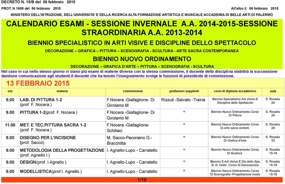 ESAMI - SESSIONE INVERNALE A.A. 2014-2015-SESSIONE STRAORDINARIA A.A. 2013-2014 BIENNIO SPECIALISTICO IN ARTI VISIVE E DISCIPLINE DELLO SPETTACOLO DECORAZIONE GRAFICA PITTURA SCENOGRAFIA - SCULTURA -