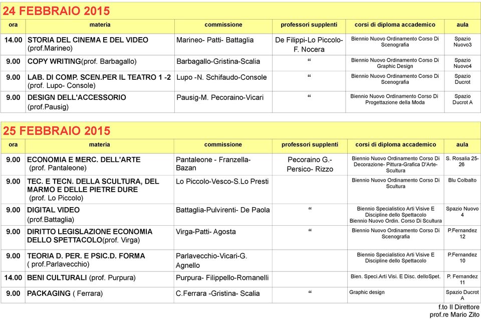Pecoraino-Vicari Progettazione della Moda Nuovo4 Ducrot Ducrot A 25 FEBBRAIO 2015 9.00 ECONOMIA E MERC. DELL'ARTE (prof. Pantaleone) 9.00 TEC. E TECN.